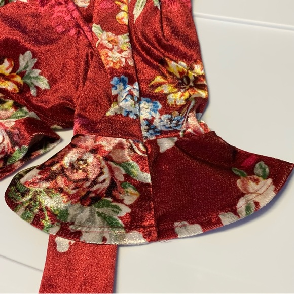 Forever 21 Velvet Floral Crop Top Surplice Deep Vneck Ballet Wrap Tie Waist - Picture 8 of 9